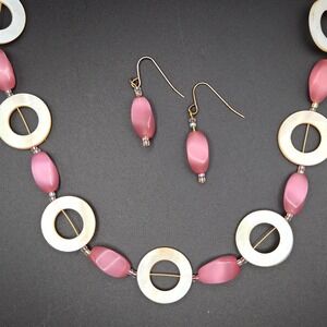 Pink Cat Eye Bead Necklace & Dangle Earrings Set Mother of Pearl Circles